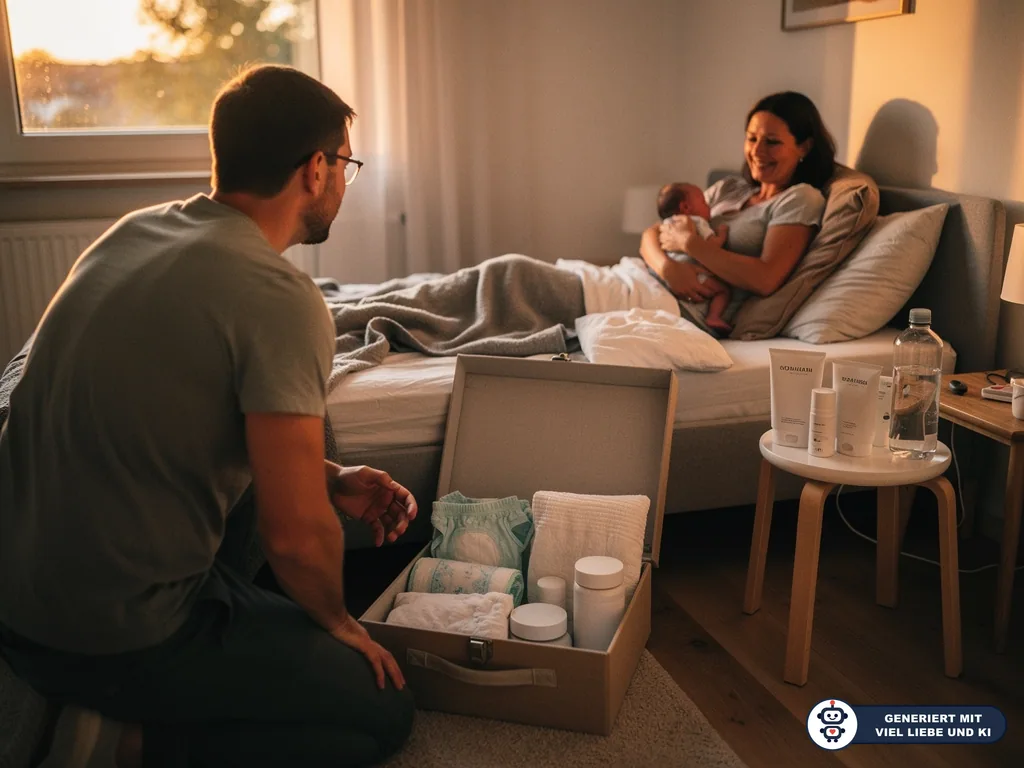 Vater packt Wochenbett-Box mit Windeln und Pflegeartikeln, während Mutter mit Baby im Bett sitzt. (mit KI erstellt)