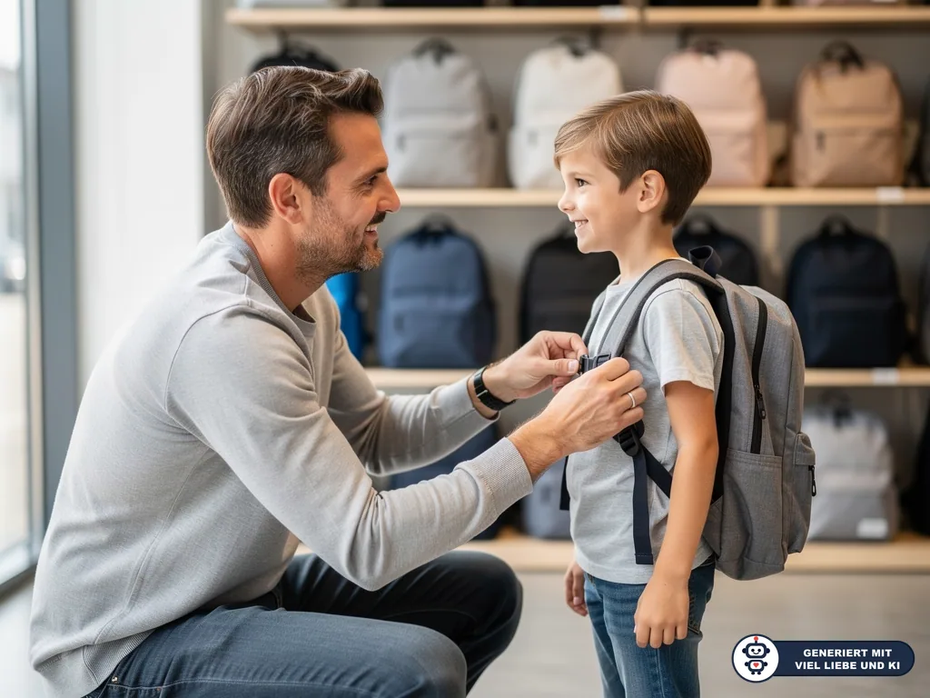 Vater passt einem Jungen im Geschäft die Gurte eines grauen Schulranzens an. (mit KI erstellt)