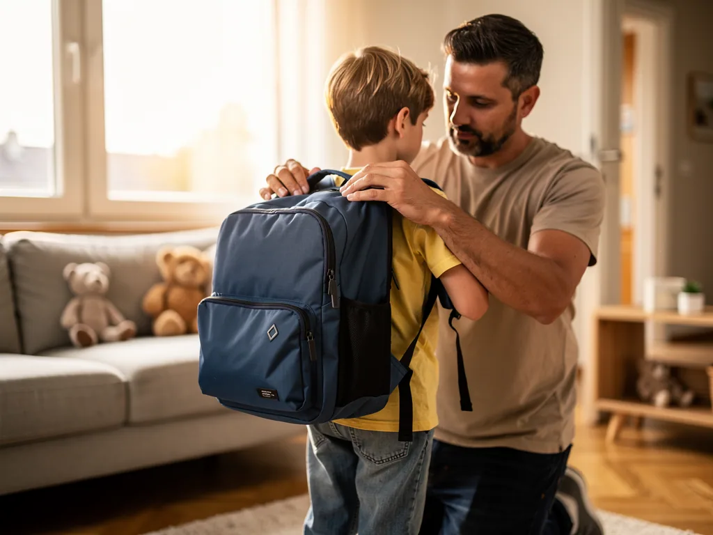 Vater passt seinem Kind im Wohnzimmer die Träger eines blauen Schulrucksacks an.