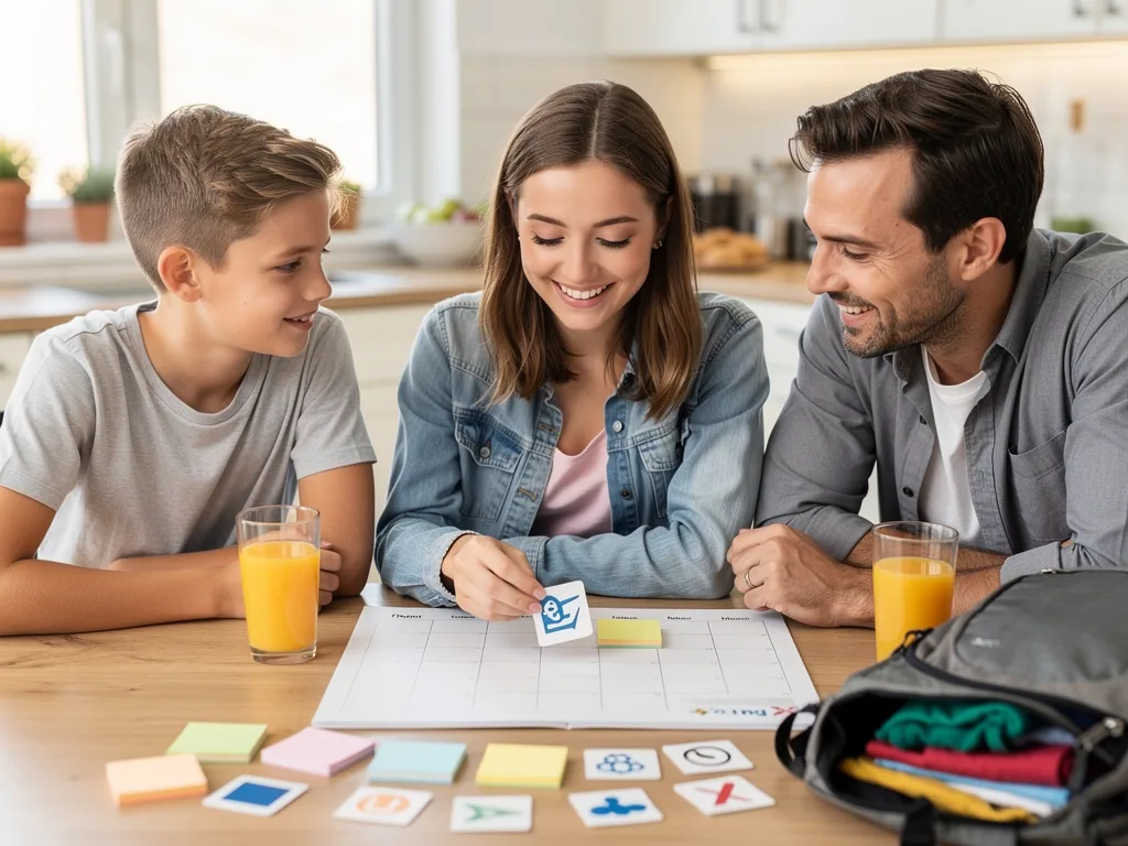Vater plant mit zwei Teenagern am Küchentisch Sommerferien mit Kalender, Symbolkarten und gepacktem Rucksack.