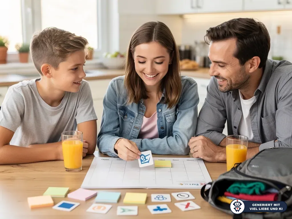 Vater plant mit zwei Teenagern am Küchentisch Sommerferien mit Kalender, Symbolkarten und gepacktem Rucksack. (mit KI erstellt)
