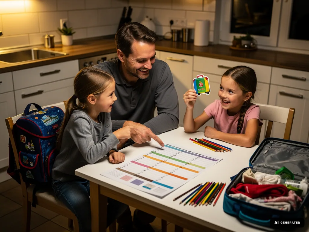 Vater plant mit zwei Töchtern am Küchentisch Ferien; Kalender, Stifte, Schulranzen und gepackter Koffer liegen bereit. (mit KI erstellt)