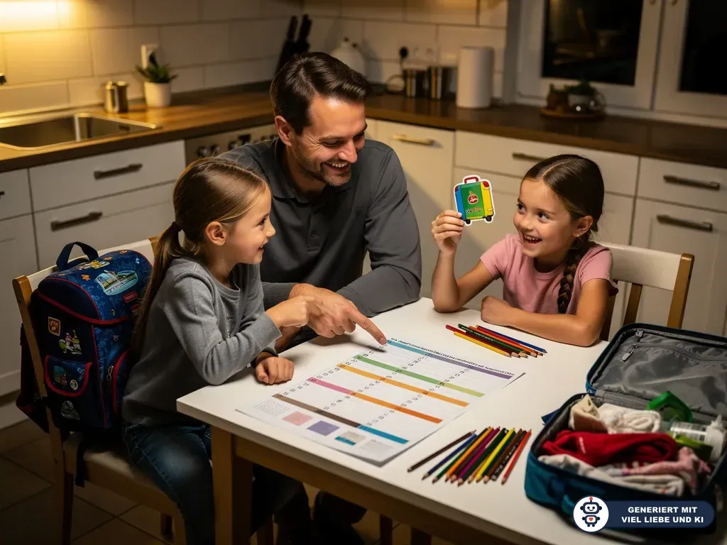 Vater plant mit zwei Töchtern am Küchentisch Ferien; Kalender, Stifte, Schulranzen und gepackter Koffer liegen bereit. (mit KI erstellt)