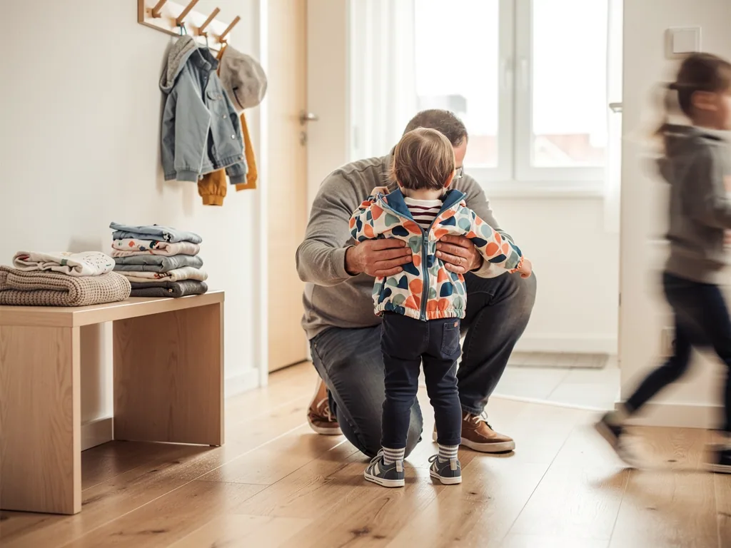 Vater probiert einem Kleinkind eine bunte Jacke an, daneben liegen gefaltete Kinderkleider auf einer Bank.