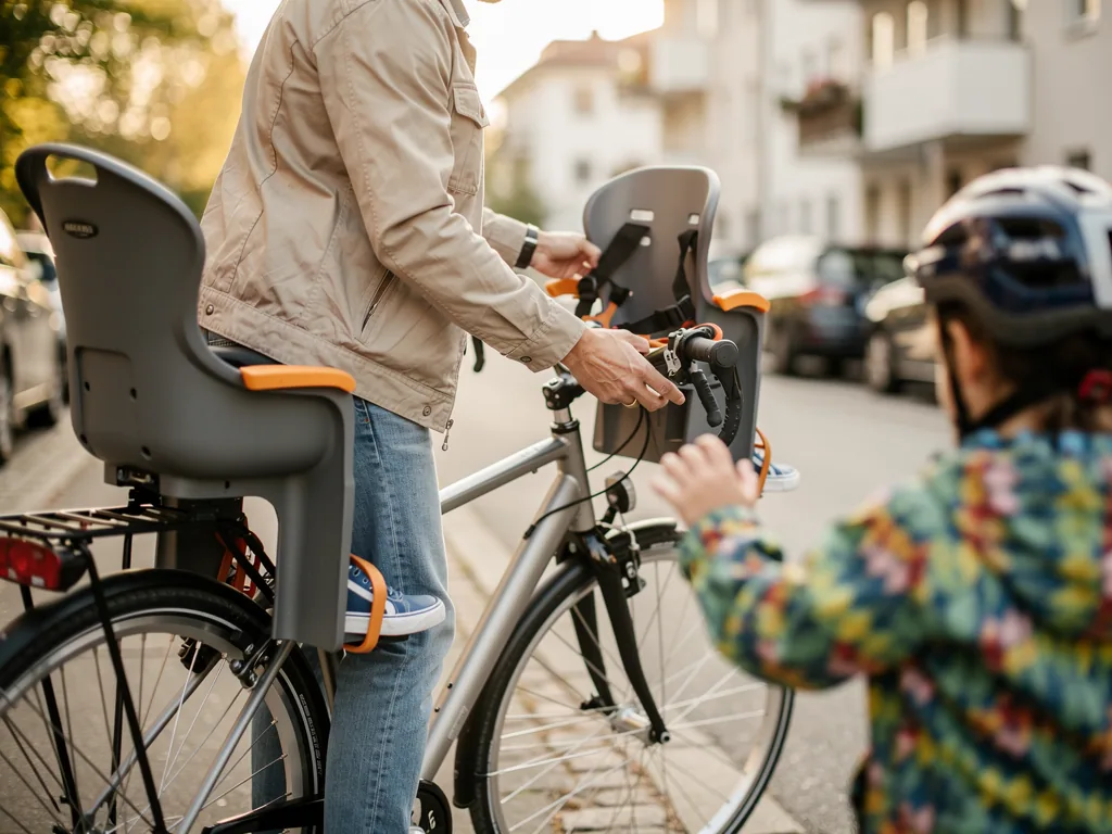 Vater prüft am Fahrrad einen Front-Kindersitz; hinten ist ein weiterer Kindersitz montiert, Kind mit Helm wartet daneben.