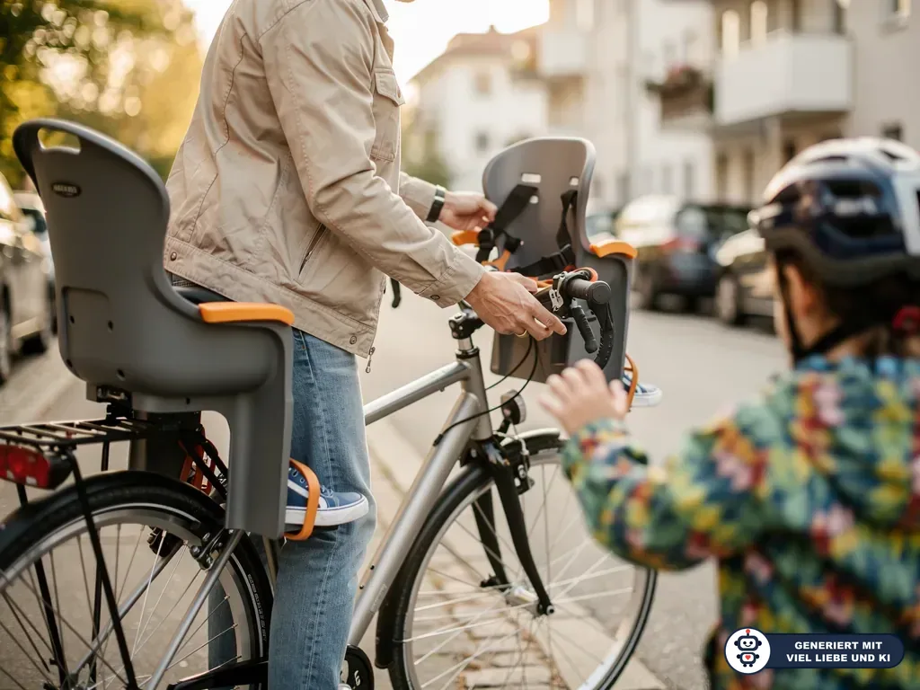 Vater prüft am Fahrrad einen Front-Kindersitz; hinten ist ein weiterer Kindersitz montiert, Kind mit Helm wartet daneben. (mit KI erstellt)