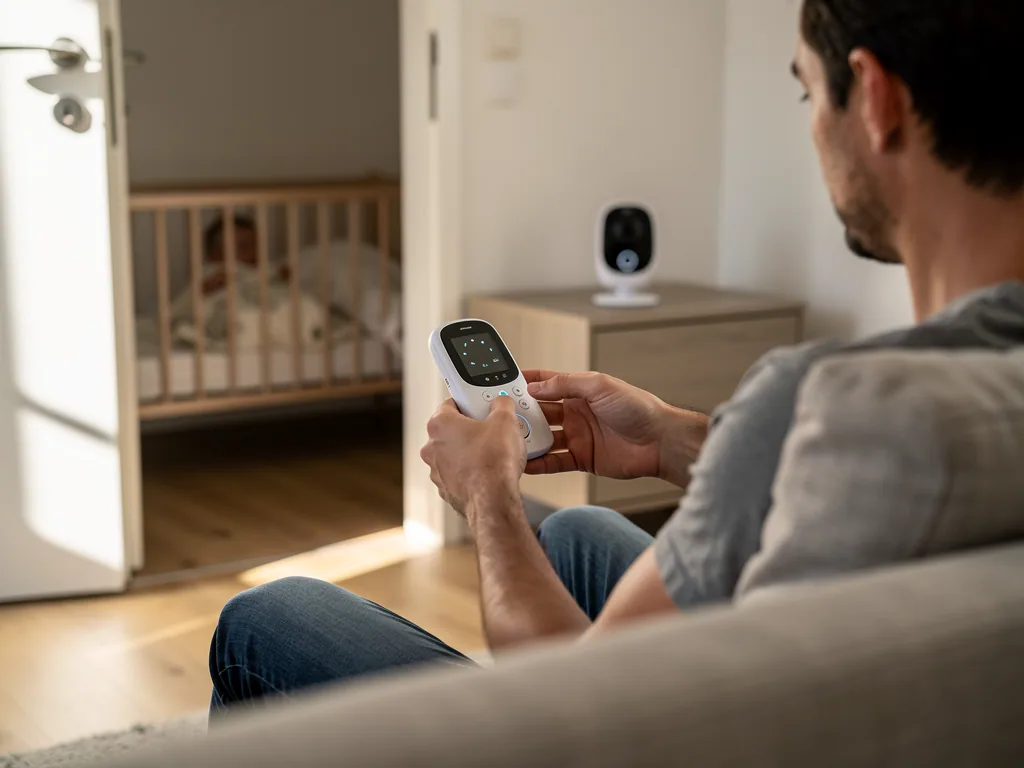 Vater prüft Babyphone-Empfänger auf dem Sofa, während ein Baby im Nebenraum im Gitterbett schläft.