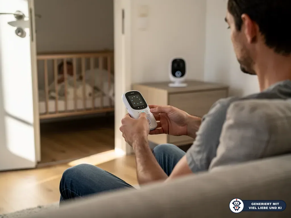 Vater prüft Babyphone-Empfänger auf dem Sofa, während ein Baby im Nebenraum im Gitterbett schläft. (mit KI erstellt)