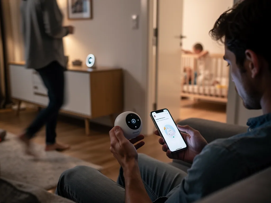 Vater prüft Babyphone-Kamera und Smartphone, während das Baby im Nebenraum im Gitterbett steht.
