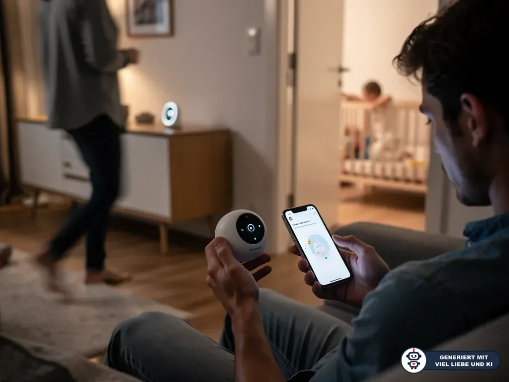 Vater prüft Babyphone-Kamera und Smartphone, während das Baby im Nebenraum im Gitterbett steht. (mit KI erstellt)