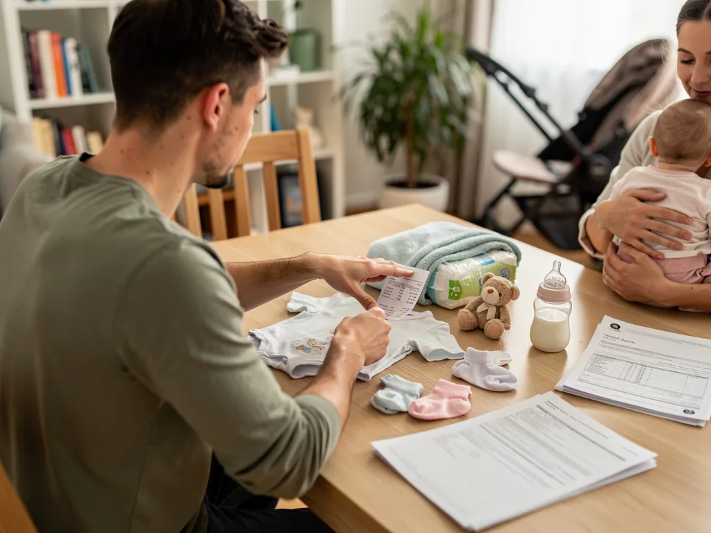 Vater prüft Belege und Formulare für Babyerstausstattung, Mutter hält Baby am Tisch mit Kleidung und Pflegeartikeln.