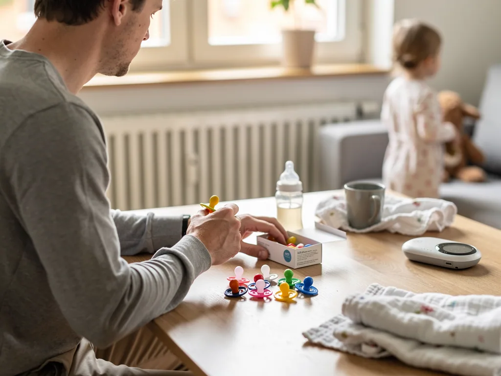 Vater prüft bunte Schnuller am Tisch, daneben Babyflasche und Tücher; Kleinkind spielt im Hintergrund.
