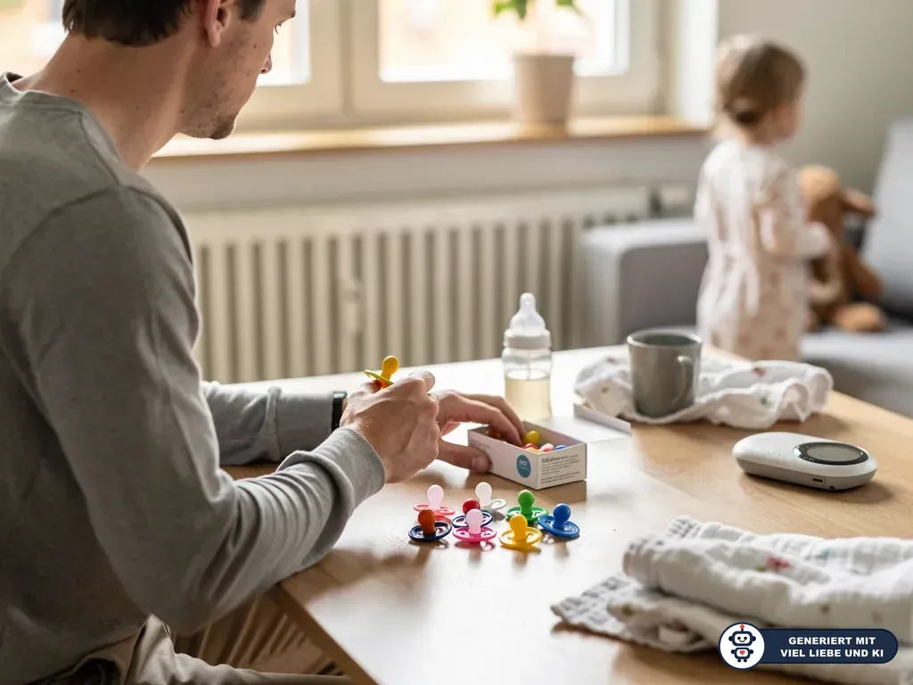Vater prüft bunte Schnuller am Tisch, daneben Babyflasche und Tücher; Kleinkind spielt im Hintergrund. (mit KI erstellt)