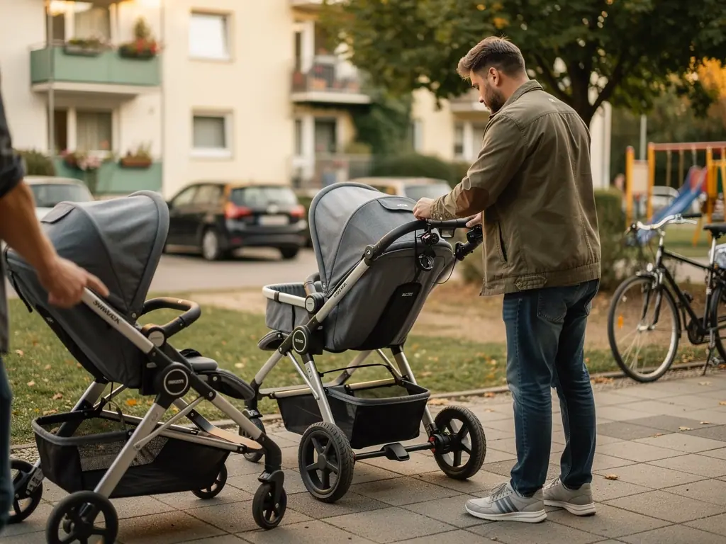 Vater prüft den Griff eines grauen Kinderwagens neben einem zweiten Wagen auf einem Gehweg vor Wohnhäusern.