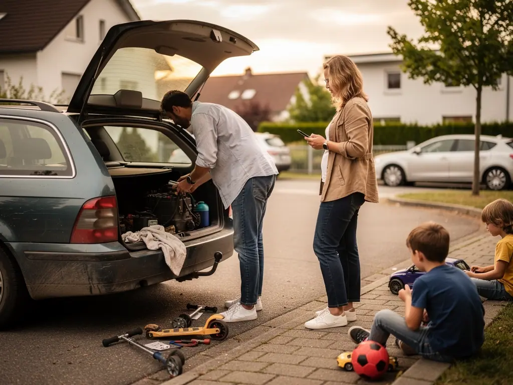 Vater prüft den Kofferraum eines Kombis, Mutter telefoniert, zwei Kinder spielen am Straßenrand.