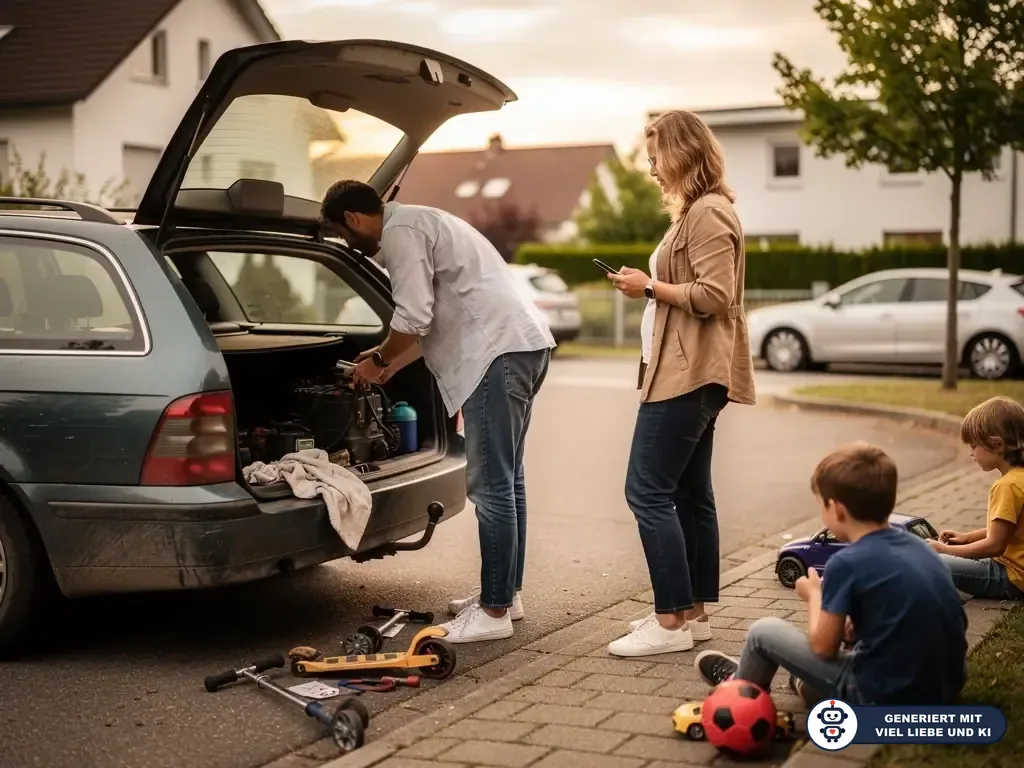 Vater prüft den Kofferraum eines Kombis, Mutter telefoniert, zwei Kinder spielen am Straßenrand. (mit KI erstellt)