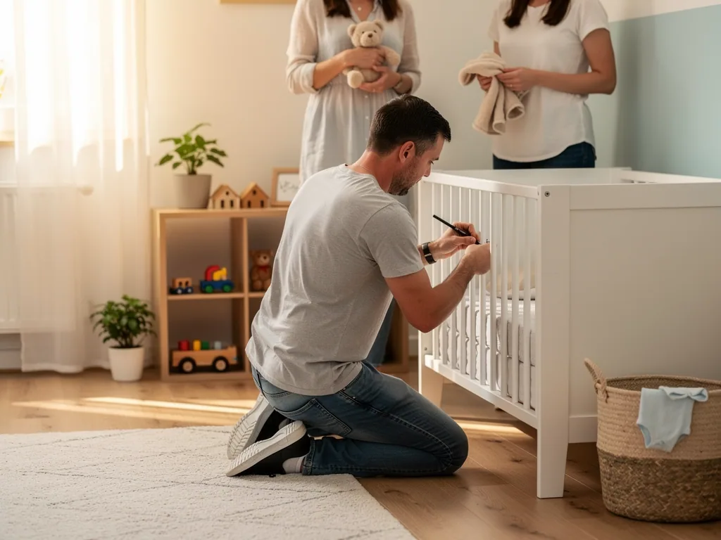 Vater prüft die Schrauben an einem weißen Babybett, zwei Frauen stehen mit Spielzeug im Kinderzimmer.