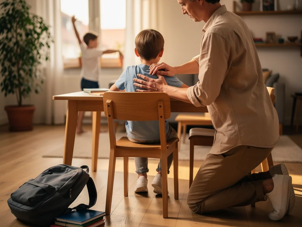 Vater prüft die Sitzhaltung eines Kindes am Tisch, während ein Rucksack auf dem Boden liegt.