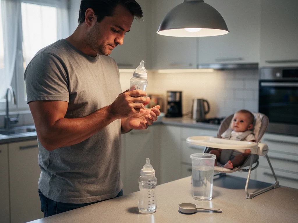 Vater prüft ein Babyfläschchen in der Küche, während sein Baby im Hochstuhl sitzt.