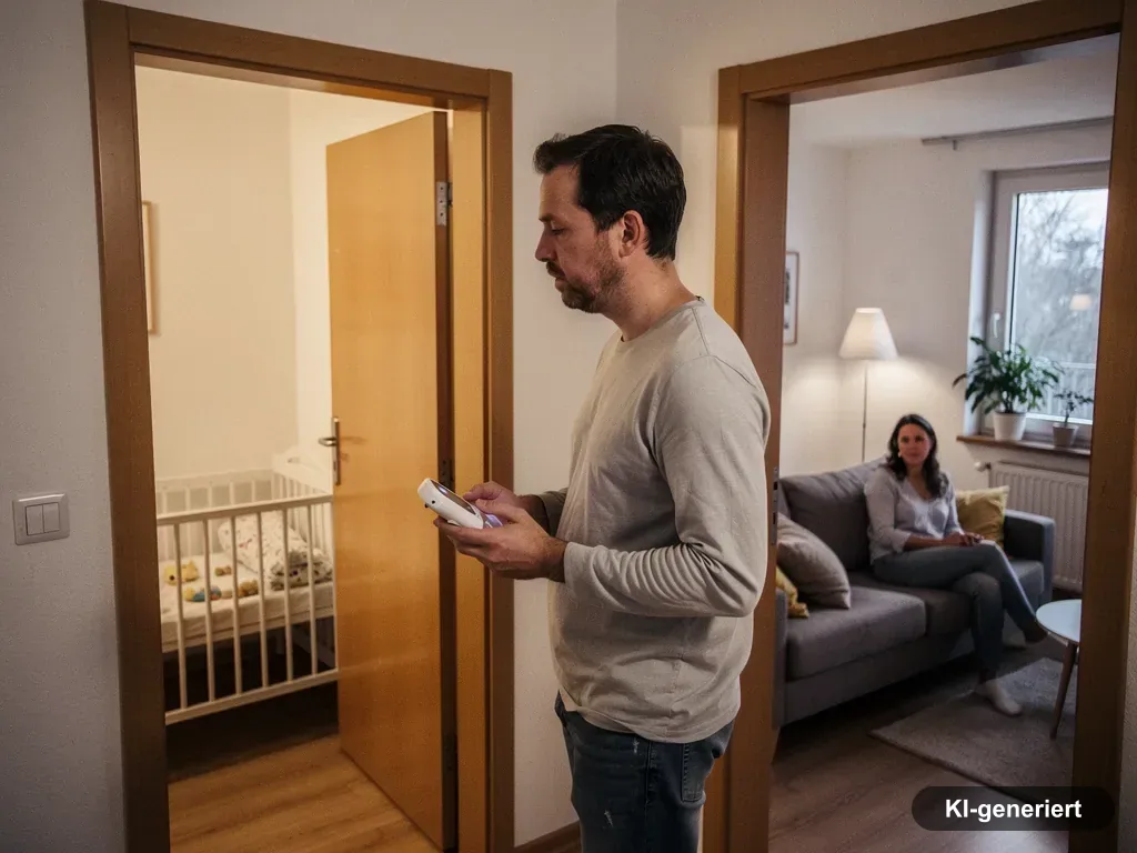 Vater prüft ein Babyphone im Flur zwischen Kinderzimmer mit Babybett und Wohnzimmer mit Mutter auf dem Sofa. (mit KI erstellt)