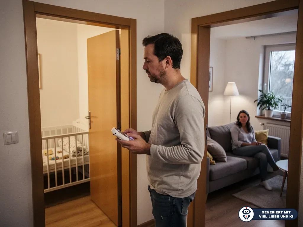 Vater prüft ein Babyphone im Flur zwischen Kinderzimmer mit Babybett und Wohnzimmer mit Mutter auf dem Sofa. (mit KI erstellt)