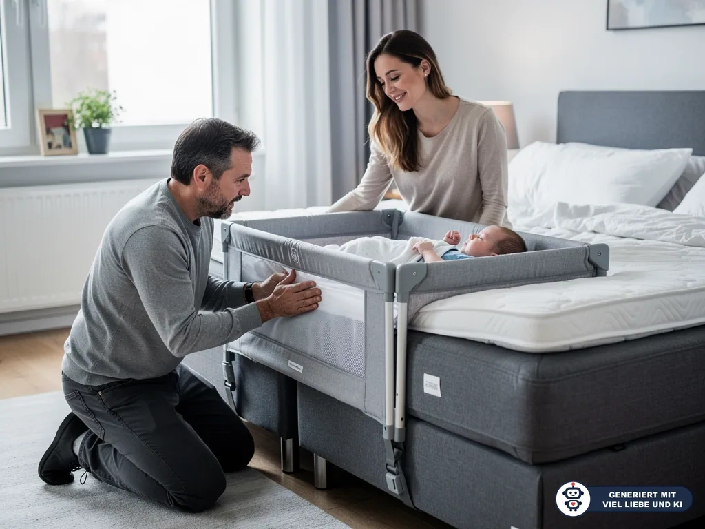 Vater prüft ein Beistellbett am Boxspringbett, während Mutter und Baby daneben sind. (mit KI erstellt)