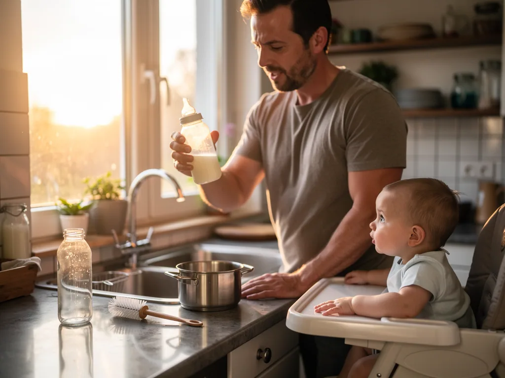 Vater prüft eine Babyflasche mit Milch am Spülbecken, während sein Baby im Hochstuhl zusieht.