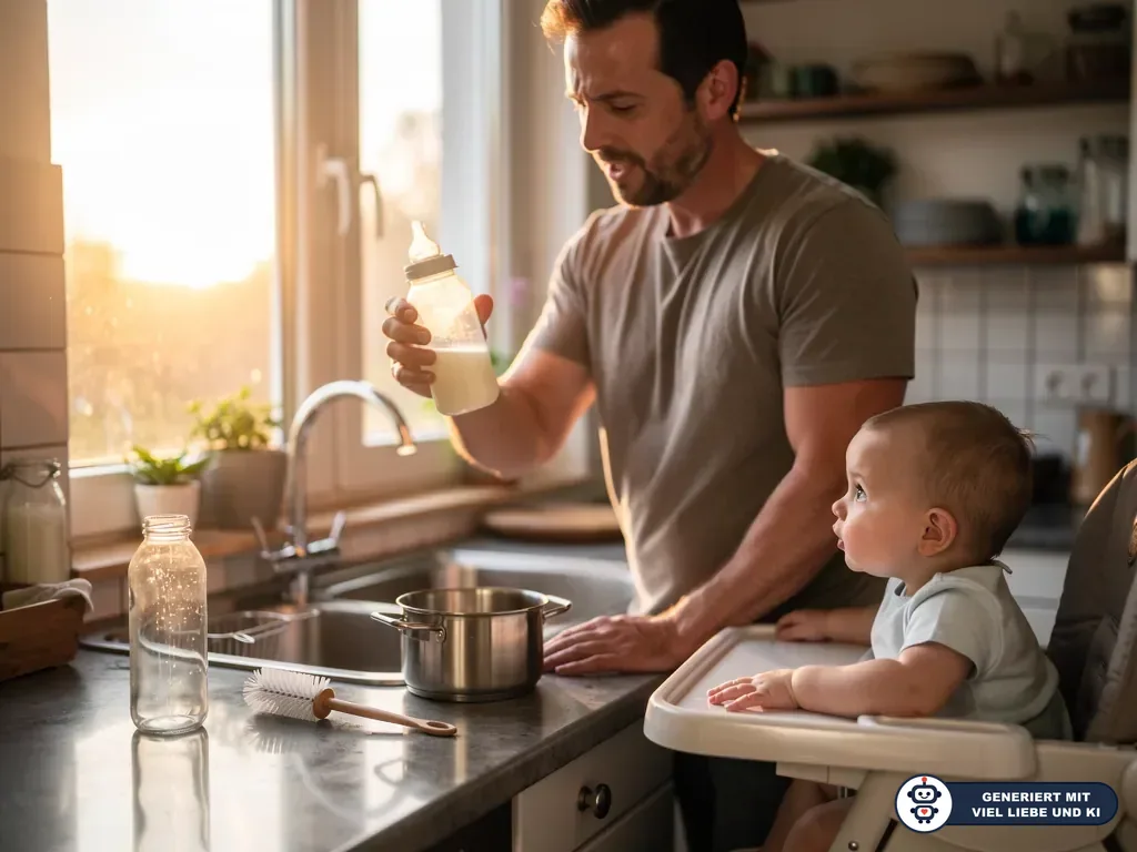 Vater prüft eine Babyflasche mit Milch am Spülbecken, während sein Baby im Hochstuhl zusieht. (mit KI erstellt)