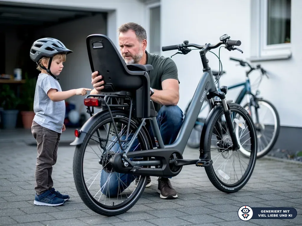 Vater prüft einen Heck-Kindersitz am E-Bike, daneben steht ein Kind mit Helm in der Einfahrt. (mit KI erstellt)