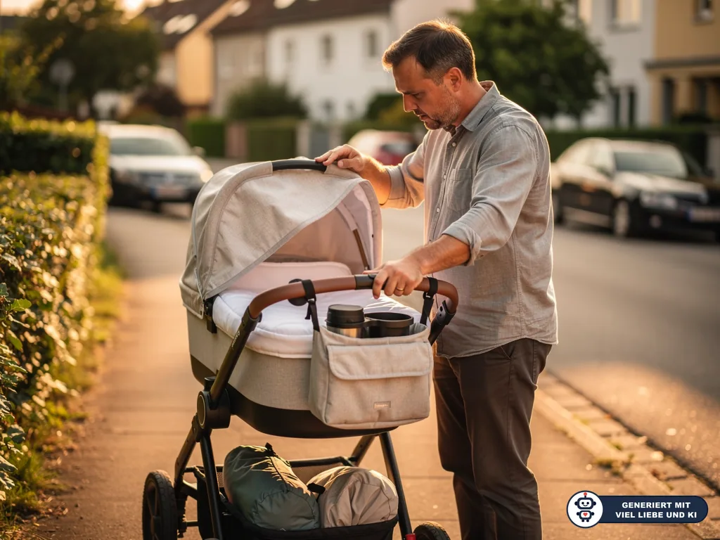 Vater prüft Kinderwagen mit Becherhalter, Organizer-Tasche und Zubehörkorb auf einem Gehweg. (mit KI erstellt)