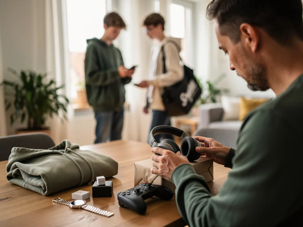Vater prüft Kopfhörer, während zwei Teenager im Hintergrund mit Smartphone im Wohnzimmer stehen.