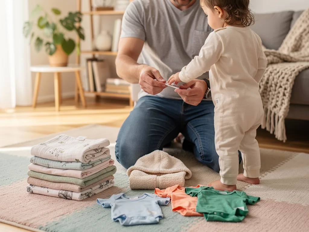Vater prüft mit Kleinkind Etiketten an Kinderkleidung neben gefalteter Bettwäsche und Handtüchern.