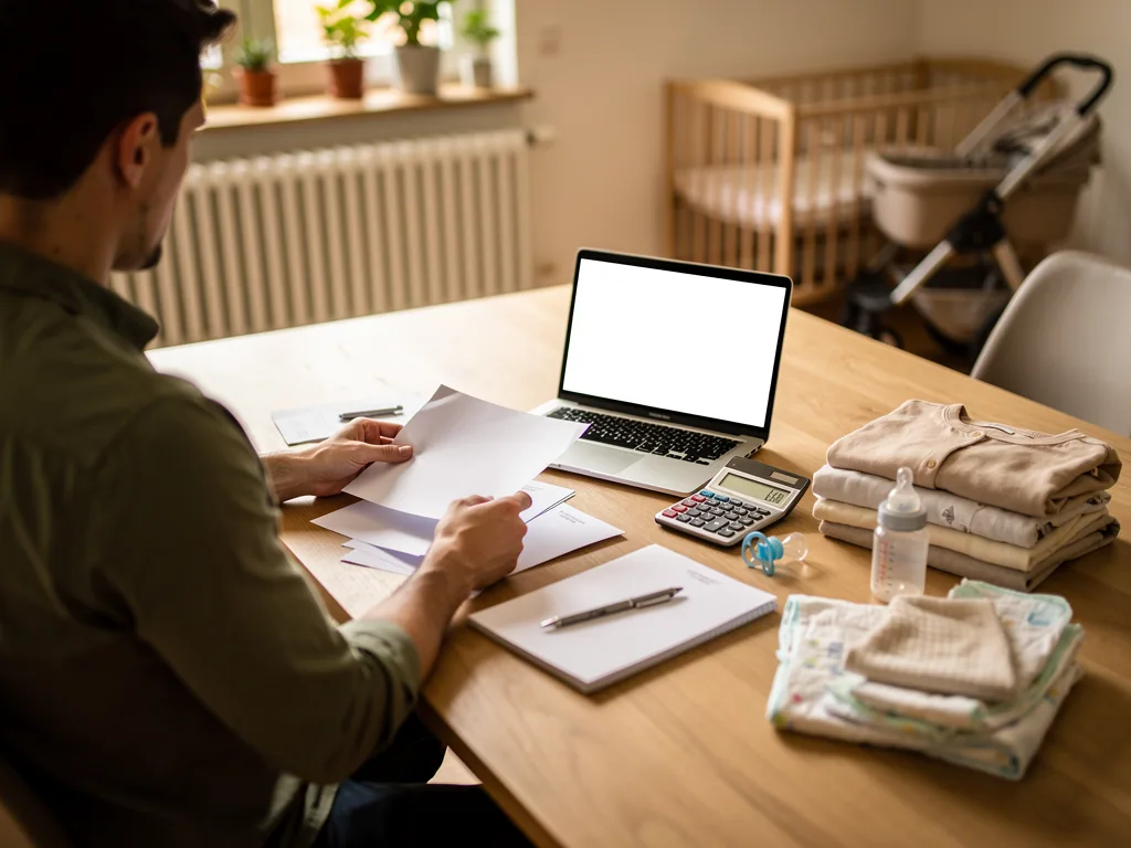 Vater prüft Unterlagen am Tisch mit Laptop, Rechner, Babykleidung und Kinderbett im Hintergrund.