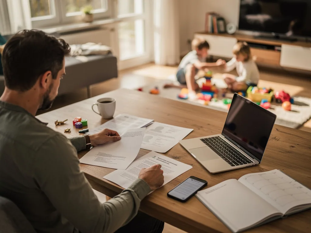 Vater prüft Unterlagen am Tisch, während zwei Kinder im Wohnzimmer spielen; Laptop, Handy und Kalender liegen bereit.