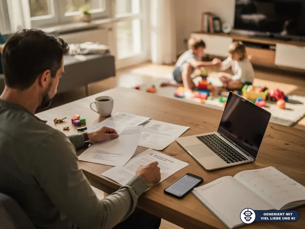 Vater prüft Unterlagen am Tisch, während zwei Kinder im Wohnzimmer spielen; Laptop, Handy und Kalender liegen bereit. (mit KI erstellt)