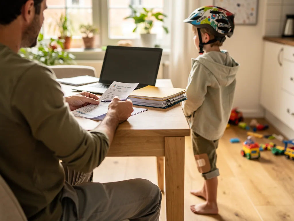 Vater prüft Versicherungsunterlagen am Tisch, daneben steht ein Kind mit Fahrradhelm im Familienzimmer.