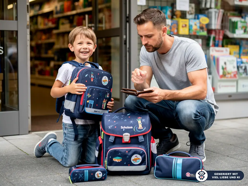 Vater prüft vor einem Geschäft sein Portemonnaie, während sein Sohn einen neuen Schulranzen trägt. (mit KI erstellt)