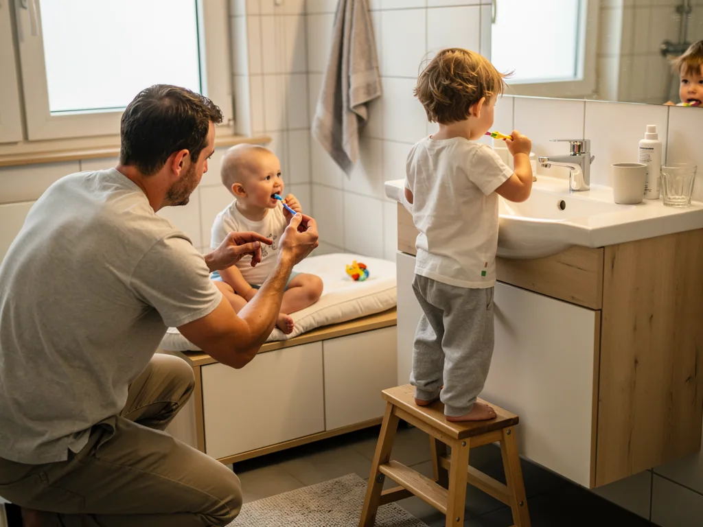 Vater putzt Baby die Zähne, während ein älteres Kind am Waschbecken selbst mit Zahnbürste übt.