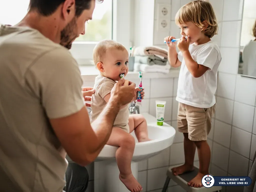Vater putzt einem Baby am Waschbecken die Zähne, daneben putzt ein älteres Kind auf einem Hocker selbst. (mit KI erstellt)