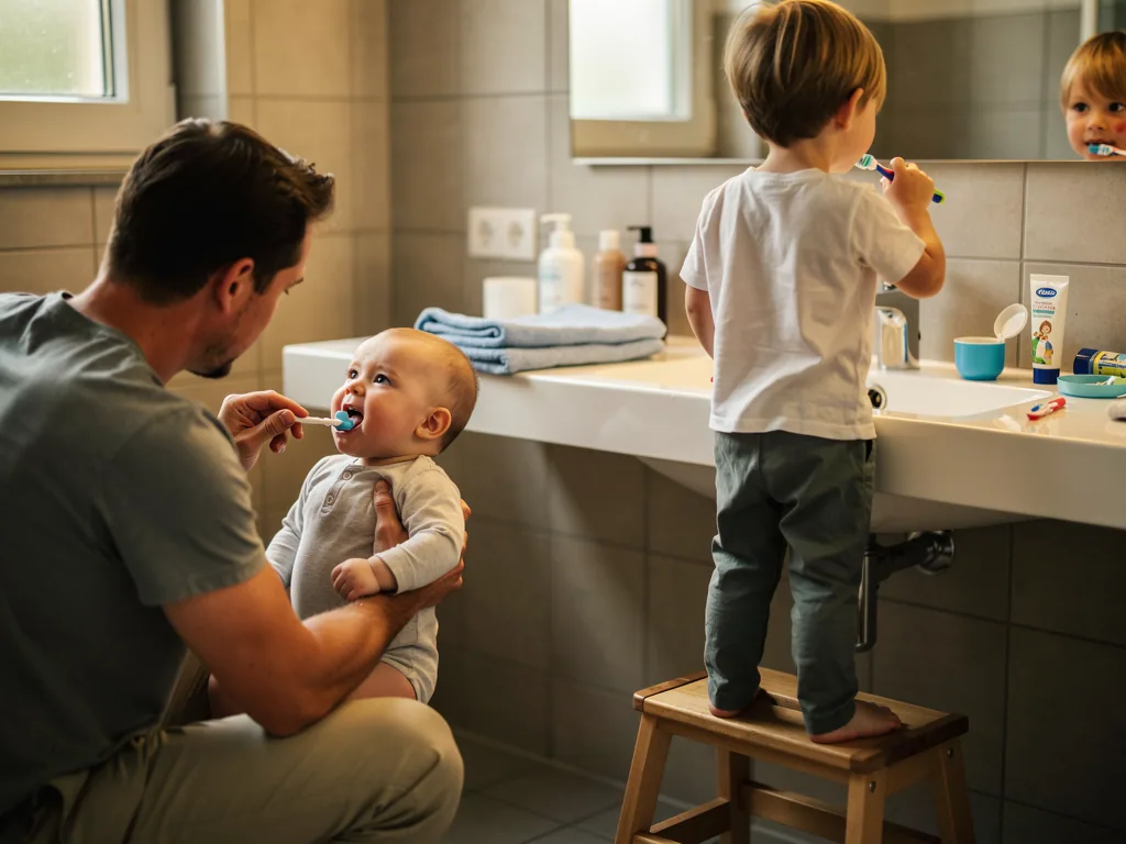 Vater putzt einem Baby die Zähne, während ein älteres Kind am Waschbecken selbst die Zahnbürste benutzt.