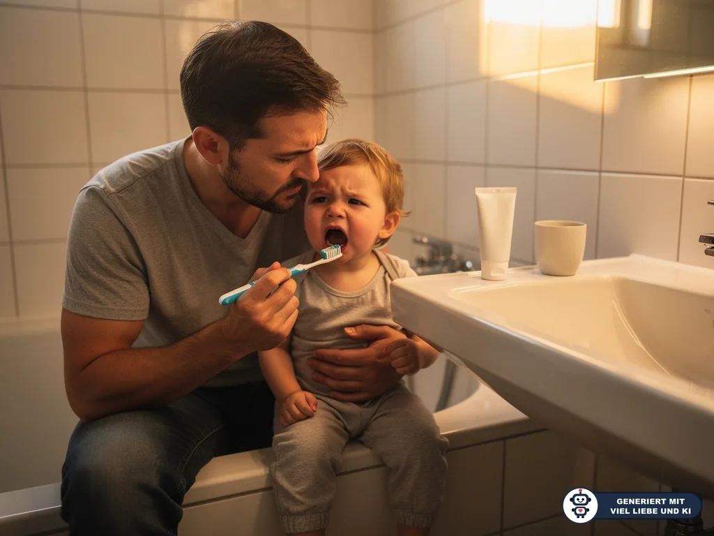 Vater putzt einem weinenden Kleinkind im Badezimmer die Zähne, neben Waschbecken mit Zahnpasta und Becher. (mit KI erstellt)