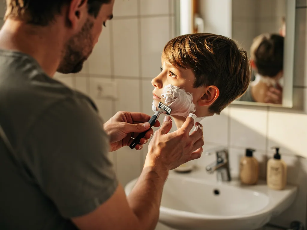 Vater rasiert einem Jungen im Bad vorsichtig die eingeschäumte Wange mit einem Nassrasierer.