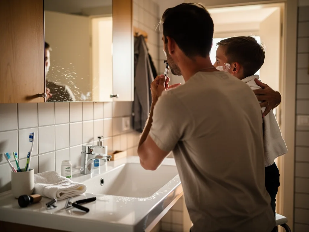 Vater rasiert sich am Waschbecken, während sein kleiner Sohn mit Rasierschaum im Gesicht zusieht.