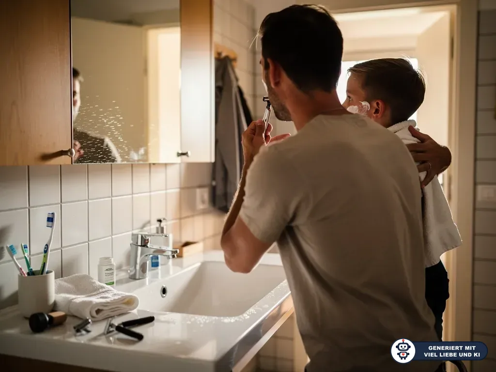 Vater rasiert sich am Waschbecken, während sein kleiner Sohn mit Rasierschaum im Gesicht zusieht. (mit KI erstellt)