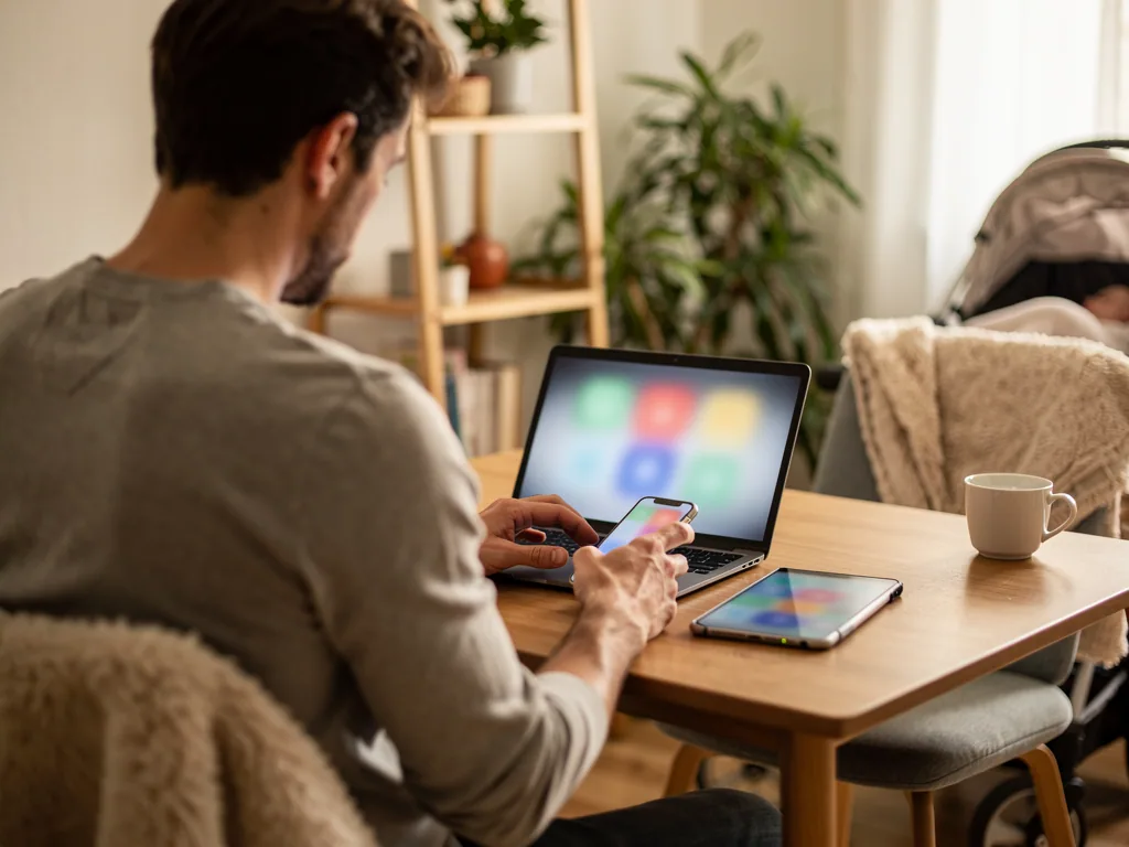 Vater recherchiert am Küchentisch mit Smartphone und Laptop, neben ihm liegen Tablet und Baby im Kinderwagen.
