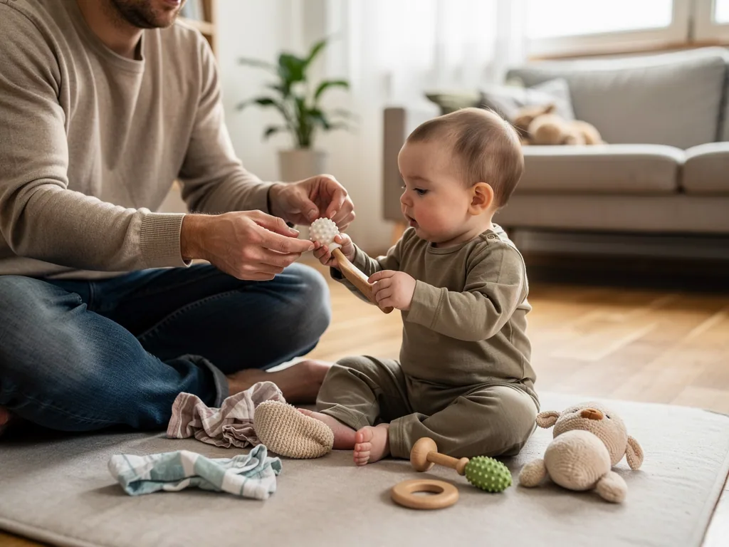 Vater reicht Baby auf einer Spielmatte ein Noppen-Spielzeug zum Fühlen und Erkunden.