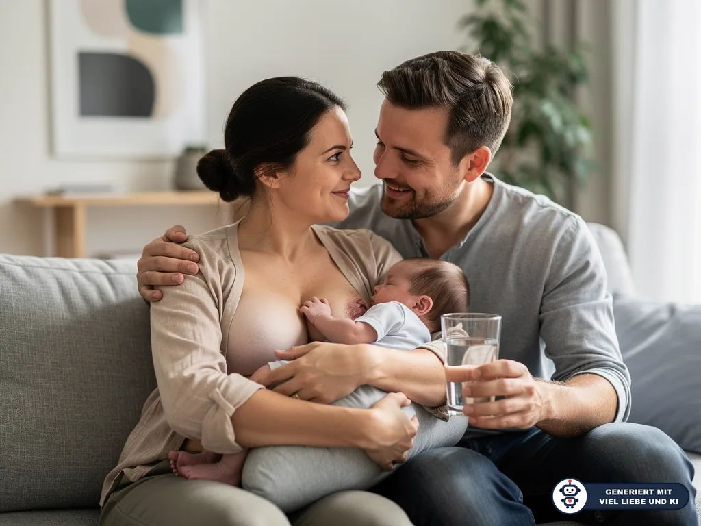 Vater reicht der stillenden Mutter auf dem Sofa ein Glas Wasser und legt den Arm um sie. (mit KI erstellt)