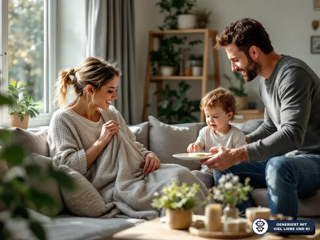 Vater reicht Kleinkind Essen, während schwangere Mutter auf dem Sofa zusieht. (mit KI erstellt)