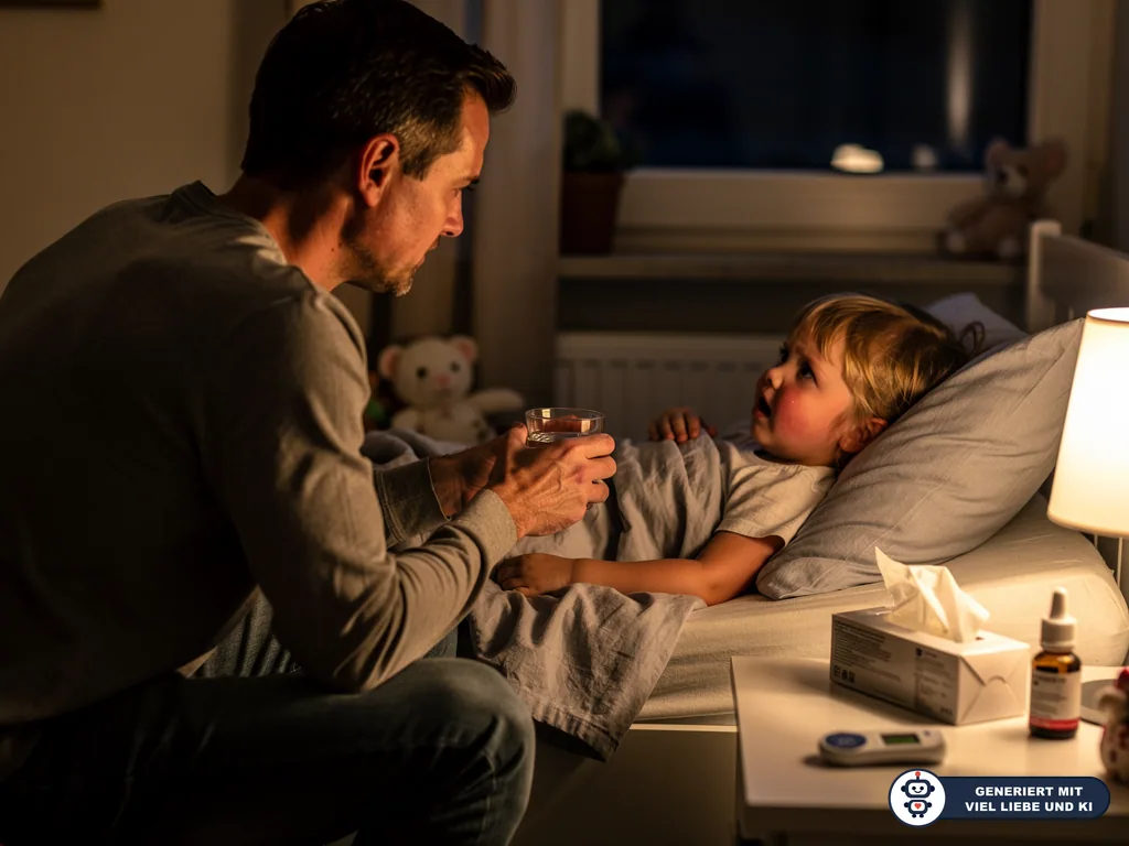Vater reicht krankem Kind im Bett ein Glas Wasser; auf dem Nachttisch liegen Taschentücher, Tropfen und Thermometer. (mit KI erstellt)