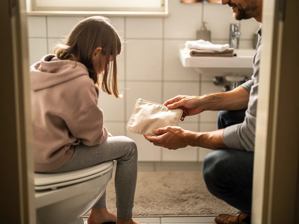 Vater reicht seiner Tochter im Bad eine kleine Stofftasche mit Menstruationsartikeln.
